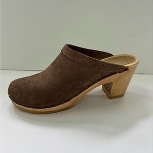 No. 6 Chocolate Brown Suede Clog Mules with Wooden Platform